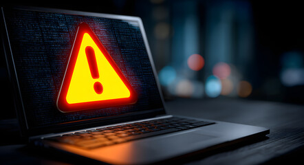 Cyber security alert email phishing scam warning on aptop computer with exclamtion point triangle sign