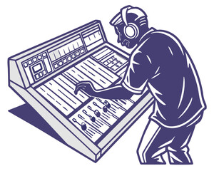 vector of a sound technician adjusting audio levels at a large soundboard, headphones on, white background

