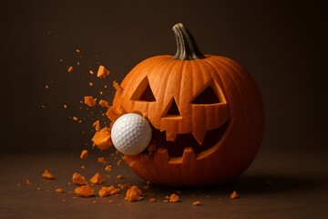 Halloween pumpkin smashed by a golf ball
