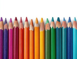 A vibrant rainbow of sharpened colored pencils in a row.