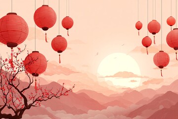 Obraz premium a beautiful sunset scene featuring red paper lanterns hanging from strings above a tree