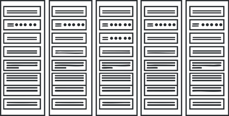 Row of server racks with network and data storage components in a data center environment