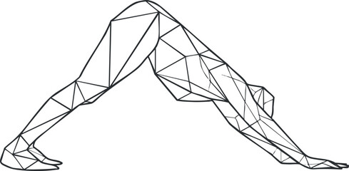 Geometric line art of a person performing downward dog yoga pose for fitness and flexibility