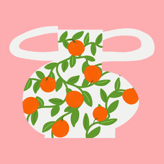 Hand drawn vector collage cutout white vase with orange citrus print against a pink background. Italian summer coastal vibes for Mediterranean decor, wall art, and rustic packaging designs.