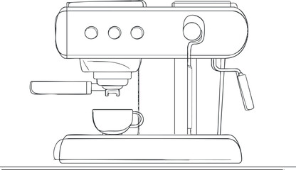 Black and white line drawing of an espresso machine with a cup ready for brewing coffee in a kitchen or cafe setting.