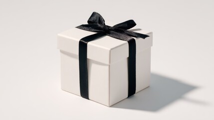 Minimalist gift box wrapped in white paper with black ribbon, isolated on a plain neutral background with clean shadows