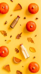 Autumnal pumpkin and fall beverage flat lay