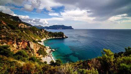 Fototapeta premium Coastal landscape with vibrant colors and a dramatic sky