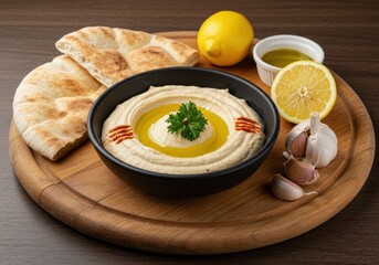 Delicious hummus platter with pita bread lemon garlic and olive oil