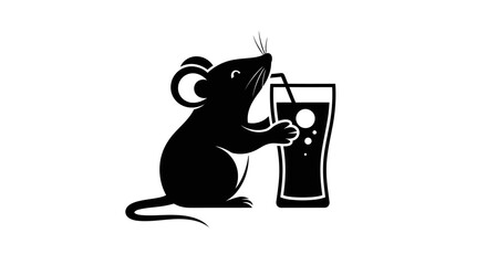 Black silhouette of a cute mouse drinking from a glass with a straw.
