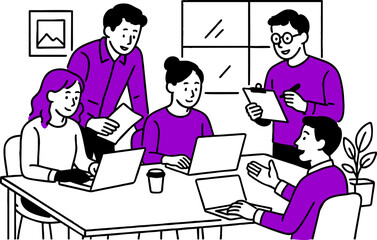 Team, group work. Teamwork in office. Colleagues collaboration, meeting, professional ideas discussion. Business communication, brainstorming. Flat vector illustration isolated on white background