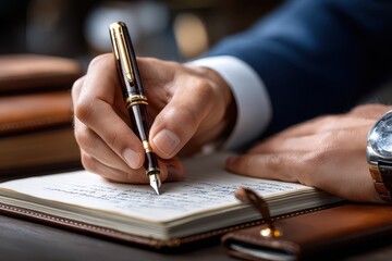 Writing a thoughtful note in a stylish notebook during a professional meeting