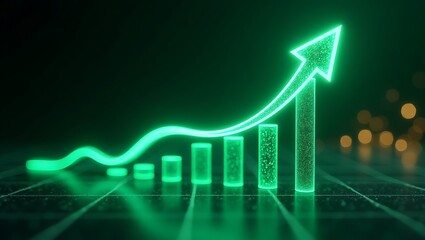 Fototapeta premium A conceptual business growth chart. A glowing green neon arrow showing an upward financial trend on a futuristic digital background for technology and data analysis. Generative Ai.