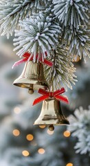 Frosted Fir Branches, Golden Bells, Festive Christmas Decor