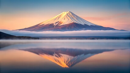 Fototapeta premium Majestic Mount Fuji reflected in a calm lake at sunrise with misty clouds Japan volcano