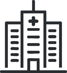 Black and white line icon of a hospital building with a medical cross symbol on top representing healthcare facility