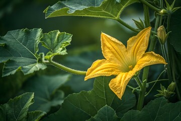 yellow pumpkin flowers with leaves 