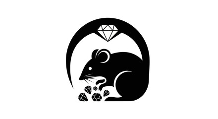 Stylized black silhouette of a mouse hoarding precious diamonds. © anidaahza
