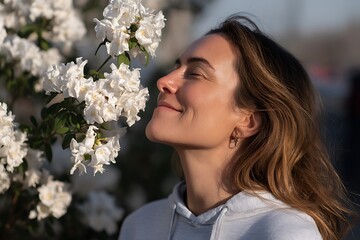 Naklejka premium A woman enjoying the fragrance of fresh spring flowers, her serene smile illuminated by the warm glow of sunlight, capturing the peaceful essence of the season.