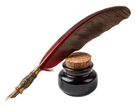 Red quill pen antique ink jar parchment vintage writing tool feather calligraphy elegant classic historical creative inspiration