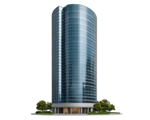 Modern blue glass office skyscraper with curved architecture, reflective windows, corporate style, and landscaped surroundings, conveying professional and sleek atmosphere