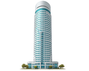 Modern cylindrical office skyscraper with reflective glass windows, white and blue facade, surrounded by green trees, urban architecture, vertical structure, contemporary design