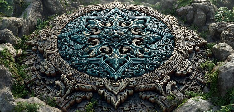 Cyan lit cyber-scroll pattern carved into stone-like tech background texture
