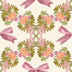 Seamless delicate watercolor botanical pattern with pink poppies and delicate bows on a cream background.
Hand drawn pattern.