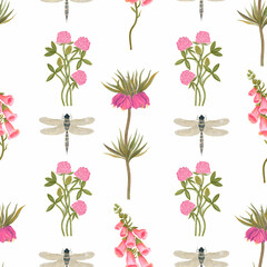 Seamless delicate watercolor pattern with pink flowers of clover, bells and dragonflies on a white background. Hand drawn pattern.