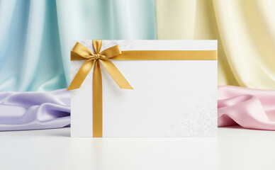 Birthday Card With Golden Ribbon On Pastel Silk Draped Background Christmas Style