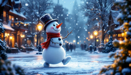 Obraz premium Joyful snowman in top hat and scarf walks down a snowy lamplit street during a winter snowfall.