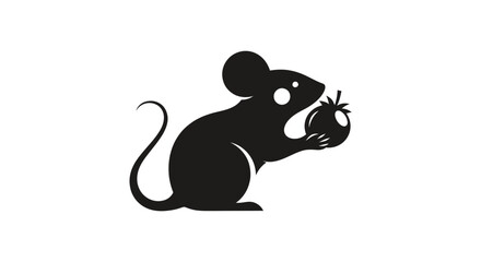 Simple black silhouette of a mouse holding a fruit.