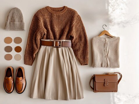 Autumn wardrobe layout featuring a knitted sweater, pleated skirt, boots, loafers, and accessories in earth tones. Perfect for showcasing seasonal fashion and style coordination.
