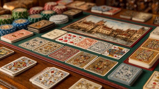 Top View of Card Game Setup on Table with Chips and Cards