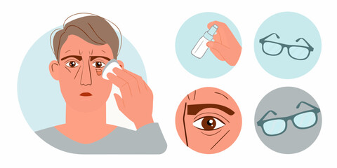 Man with tired eyes cleaning his face with a cotton pad eye care concept with spray and glasses
