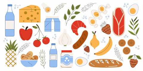 A colorful flat illustration of various food items and ingredients arranged in a scattered pattern