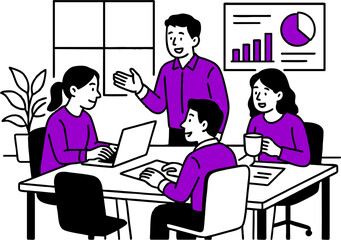 Team, group work. Teamwork in office. Colleagues collaboration, meeting, professional ideas discussion. Business communication, brainstorming. Flat vector illustration isolated on white background