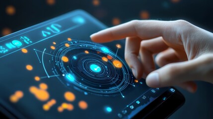 Futuristic technology concept showcasing human interaction with digital mobile devices.