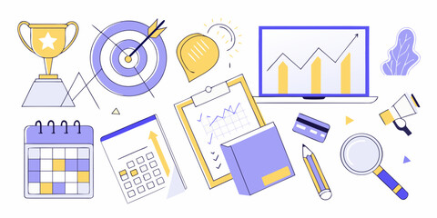 Business success and growth concept with trophy target charts calendar calculator and credit card