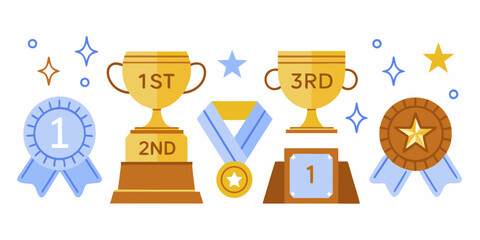 Collection of golden trophies medals and ribbons representing first second and third place awards