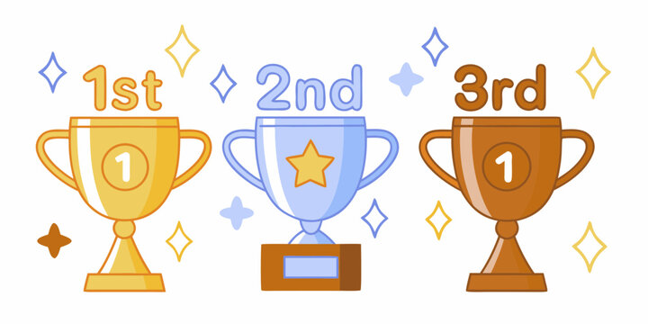 Cute cartoon trophies for first second and third place winners with stars and sparkles