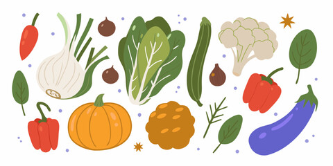 A vibrant and colorful collection of fresh vegetables and produce arranged in a playful pattern