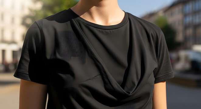 Black Draped T-Shirt Outdoor Casual Style Portrait Urban Street Fashion Photoshoot Daylight Cityscape