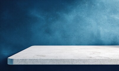 Empty white marble product display podium on a dark blue textured background.