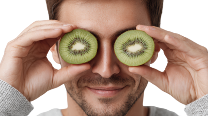 A man with a playful expression holding kiwis in front of his eyes, smiling against a white isolate background.