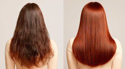 Fototapeta premium Transformation of hair from frizzy to sleek and vibrant at a beauty salon