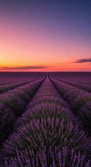 Serene Lavender Sunset: Rows of Purple Blossoms at Golden Hour
