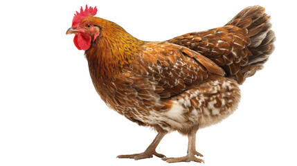 Fototapeta premium Brown hen with speckled feathers, isolated on a white background.