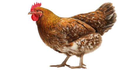 Brown hen with speckled feathers, isolated on a white background.