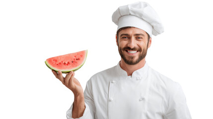 Chef holding a slice of watermelon, white isolate background.